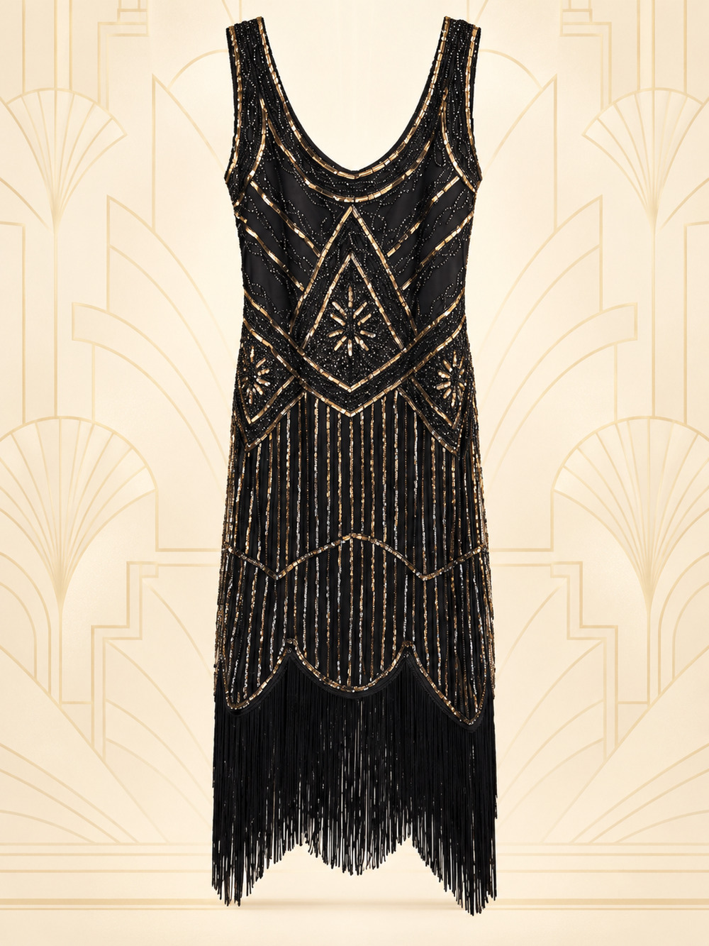 Black Gold Sequin Flapper Dress Size L Fringe Gatsby 1920s Art Deco Beaded